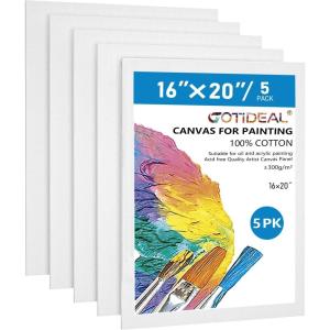 image:imageGOTIDEAL Canvases for Painting 18x24 inch of 5 Pack Professional Primed White Blank Flat Canvas  100 Cotton Artist Canvas Boards for Acrylics Painting OilTempera16x20