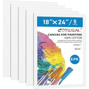 image:imageGOTIDEAL Canvases for Painting 18x24 inch of 5 Pack Professional Primed White Blank Flat Canvas  100 Cotton Artist Canvas Boards for Acrylics Painting OilTempera18x24
