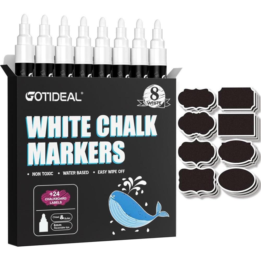 image:imageGOTIDEAL Liquid Chalk Markers Fine Tip 8 Colors Washable Window Chalkboard Glass Pens Paint and Drawing for Car Blackboard amp BistroNonToxicWet Erase  Reversible Tip6mmWhite