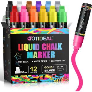 image:imageGOTIDEAL Window Markers Jumbo Chalk Markers for Blackboard Washable Car Marker for ChalkboardGlass Mirrow10mm Thick Tip12 Colors With Metallic ColorsClassic